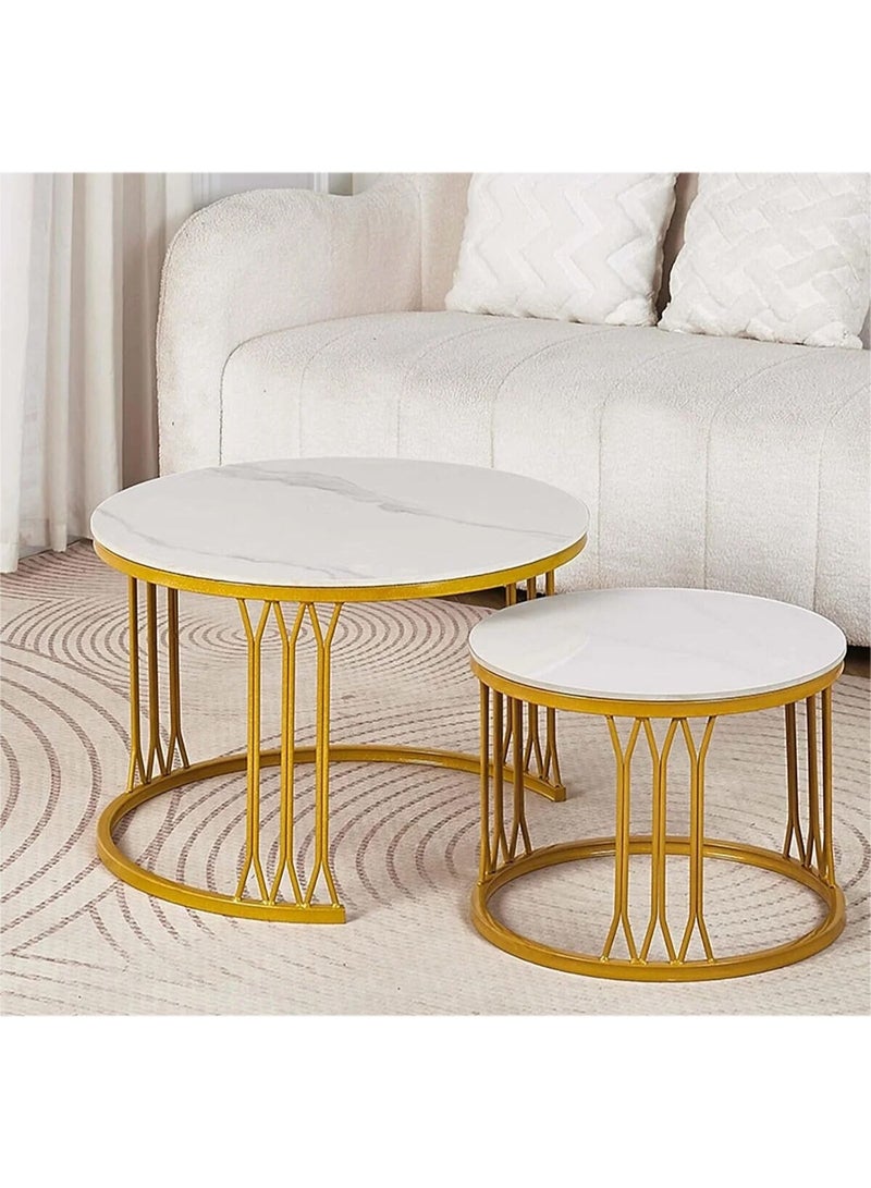 DubaiGallery Premium Round Nested Coffee Table Set with Smooth White Marble Style Top and Gold Metal Frame, Modern Living Room Furniture Set, Sofa Side and Center Table Use, Size Large 70×45cm and Small 50×38cm - Image 1